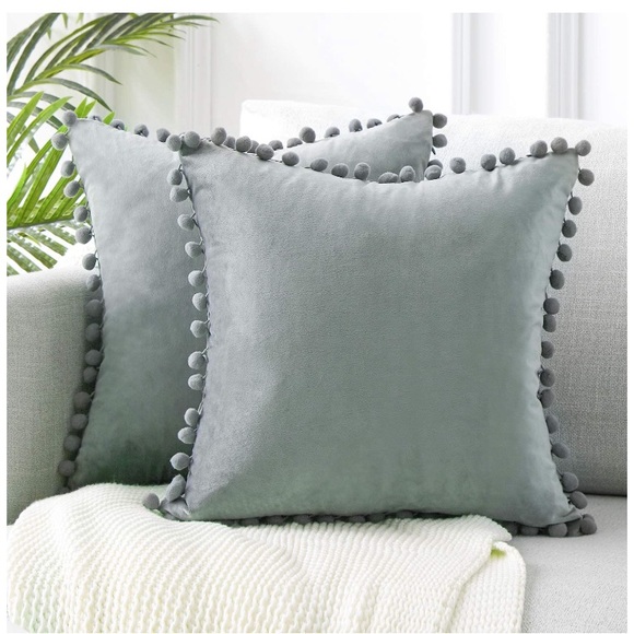 Dusty Light Blue Modern Preppy Pompom Throw Pillow Decorative Cute Cover Set - Picture 11 of 16